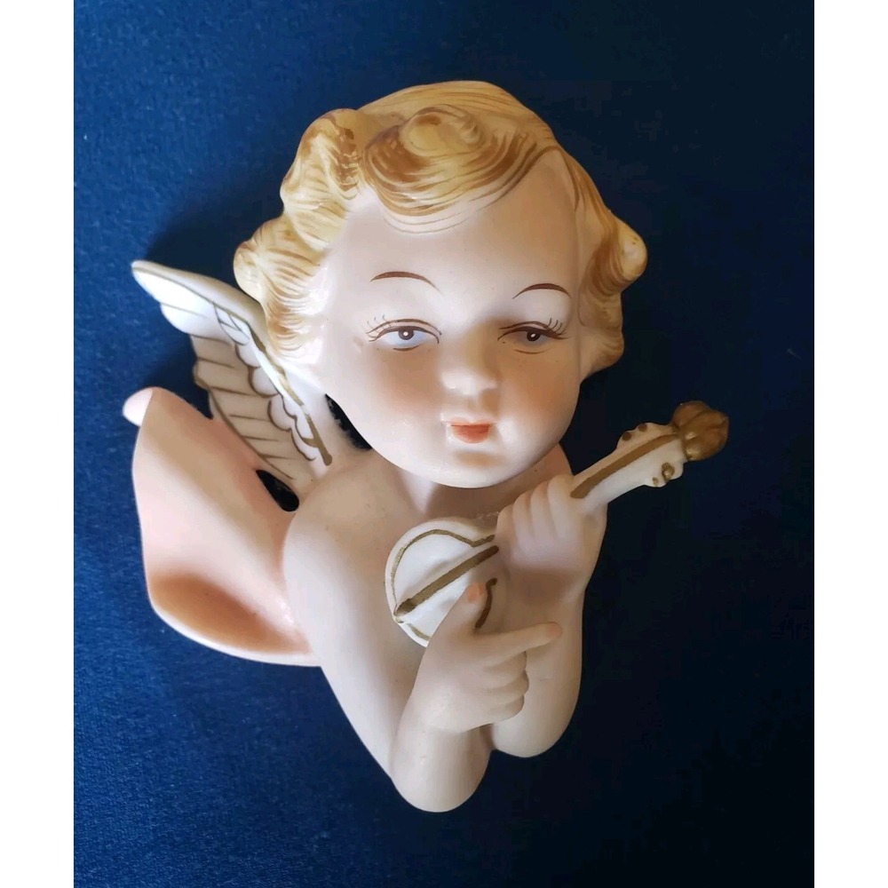 VINTAGE NAPCO ANGEL WALL HANGING BISQUE PORCELAIN Hand painted CHERUB WITH FLUTE